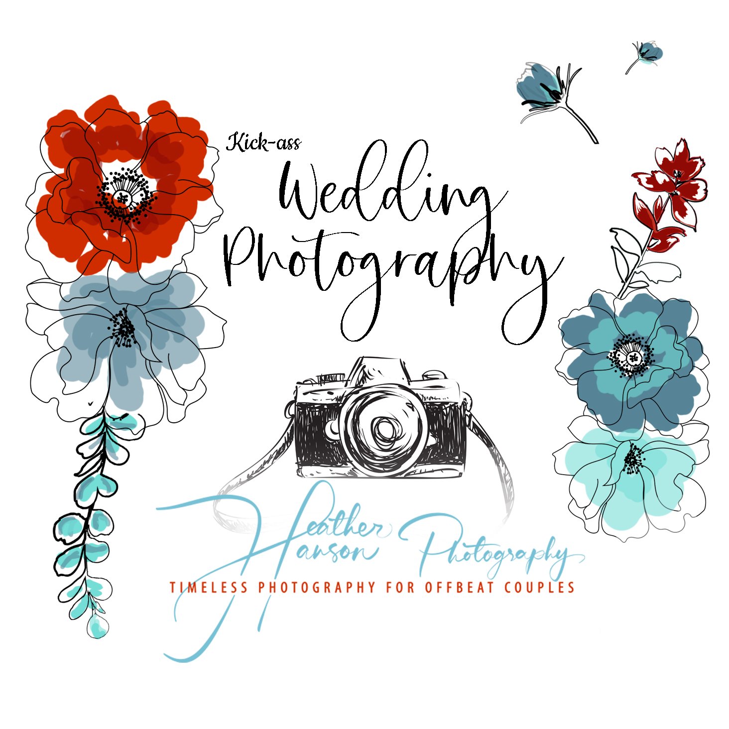 Floral wedding photography design with camera illustration, featuring colorful flowers and elegant script font.