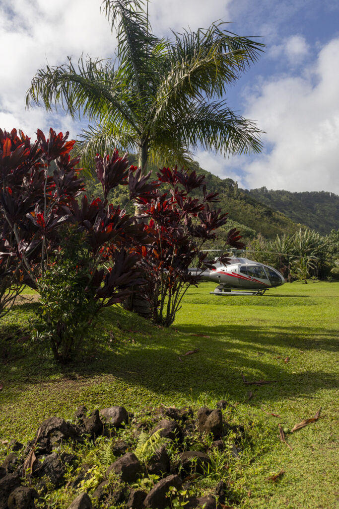 Maverick Helicopters ECO-Star landed in Hana Rainforest Maui surrounded by tropical vegetation