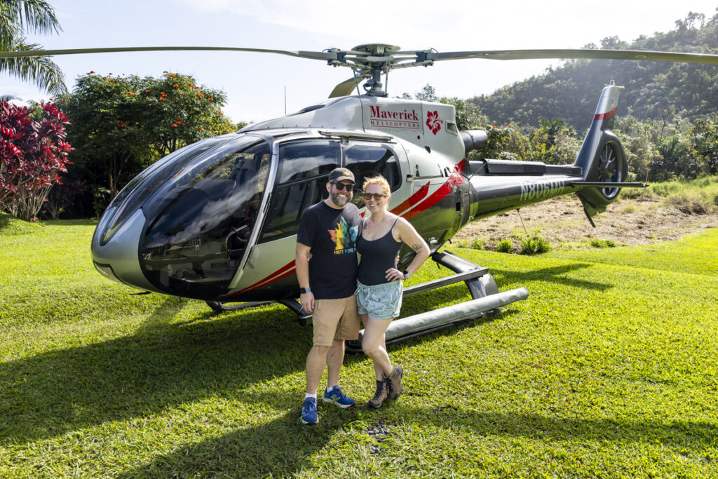 Maverick Helicopters ECO-Star landed on manicured lawn in Hana Rainforest Maui