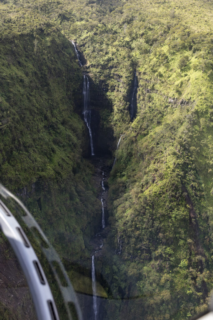 Waterfall and lush rainforest canopy in Hana Maui seen from Maverick helicopter