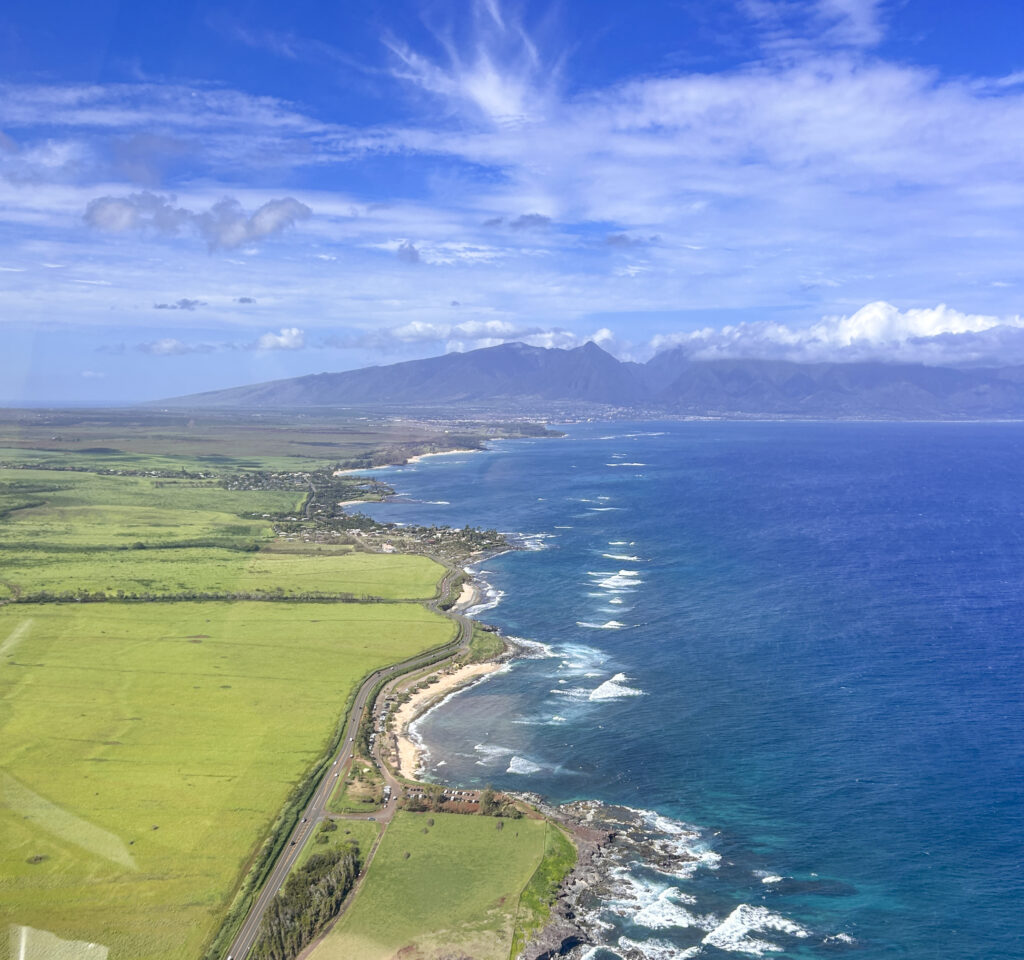 Aerial view of Maui agricultural landscape and valleys