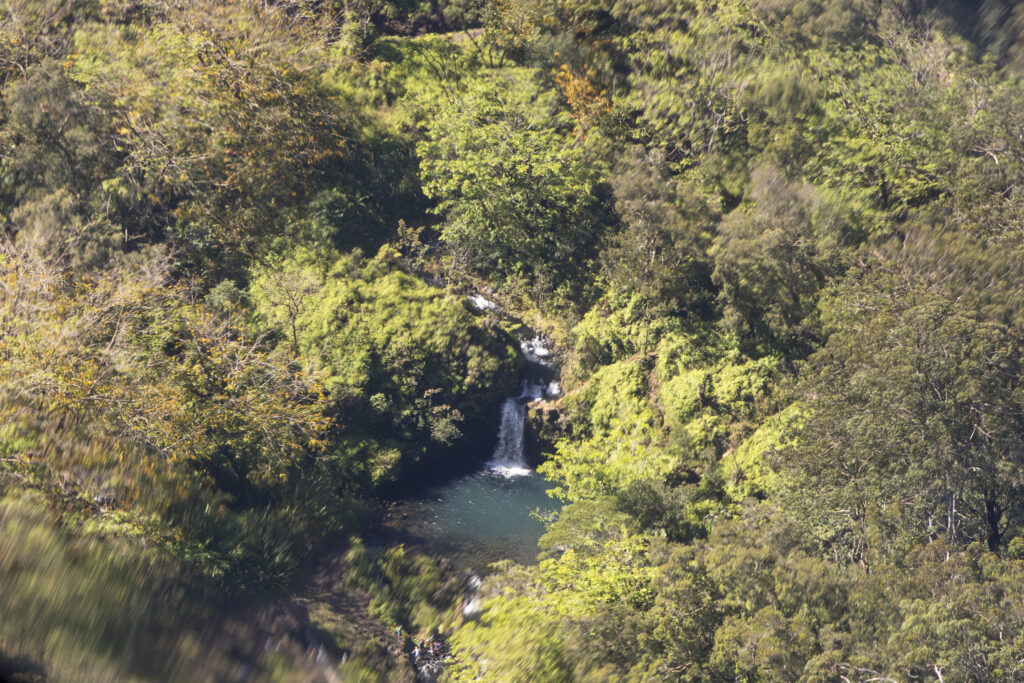 Hidden waterfall and pool (Twin Falls) in Hana Rainforest canopy seen from helicopter Maui